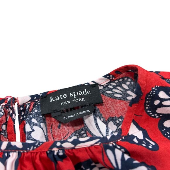Kate Spade Women's Medium Red Butterfly Print Smocked Waist Flutter Sleeve Dress - Picture 7 of 12